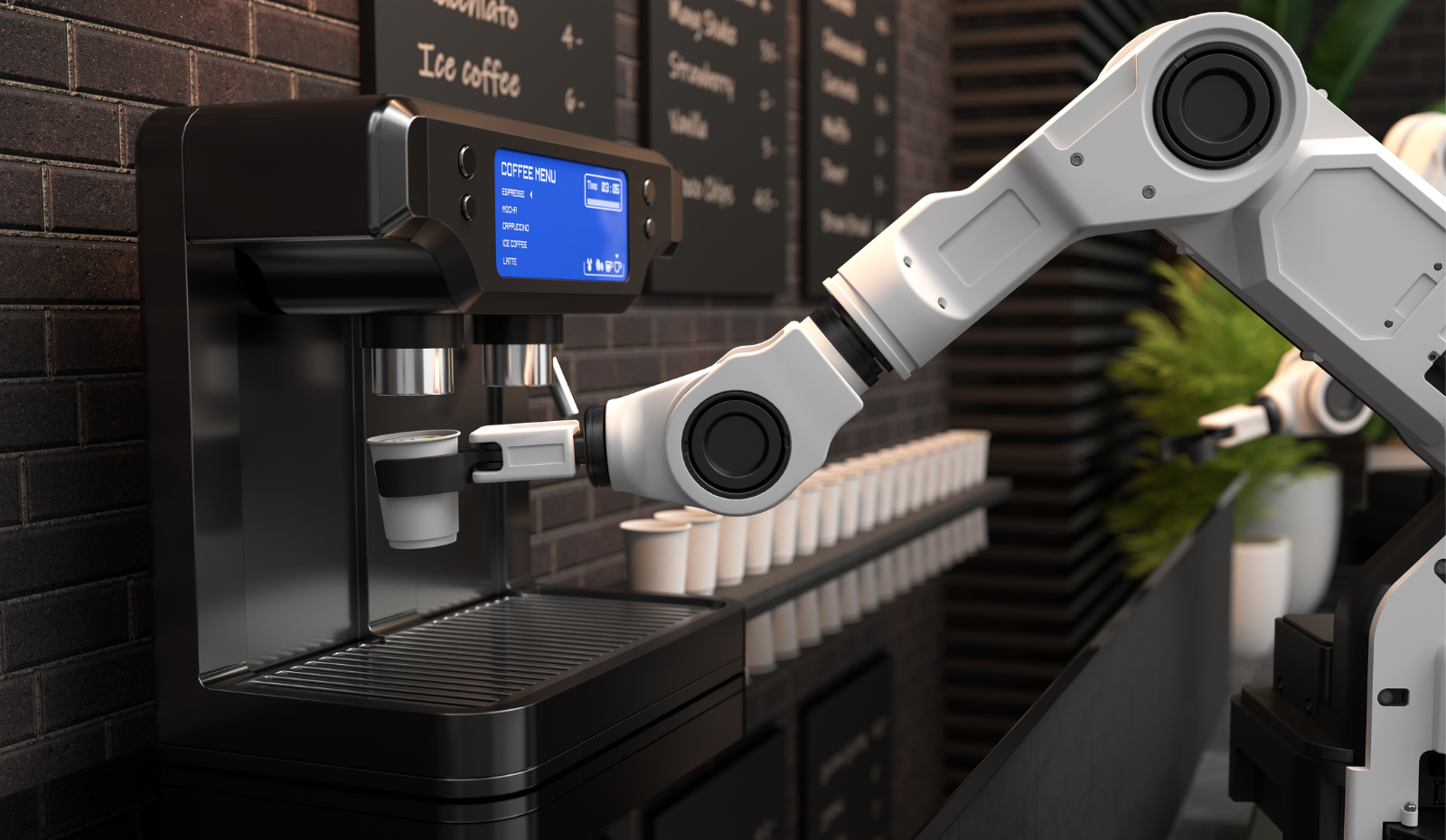 Robot barista making coffee in a coffee shop. 