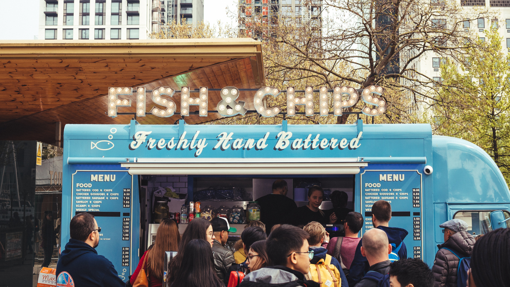 Food truck serving fish and chips. 